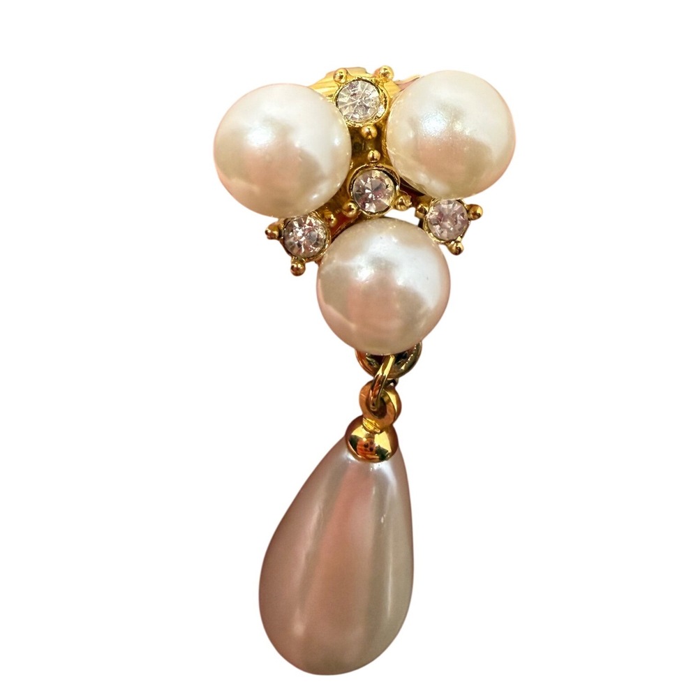Vintage Faux Pearl Cluster Drop Clip-On Earrings Gold Tone Elegant